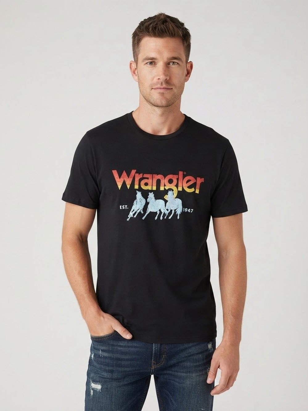 WRANGLER Mustangs 1947 Graphic Logo Tee M 20” p2p Black EUC